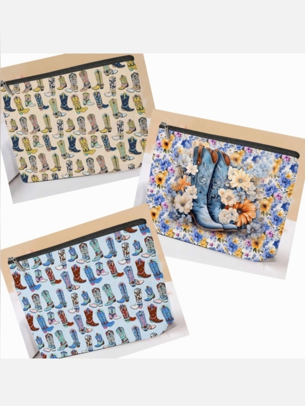 NWT Choice Of Blue Cowgirl Boots Waterproof Canvas Makeup/Essentials Bag